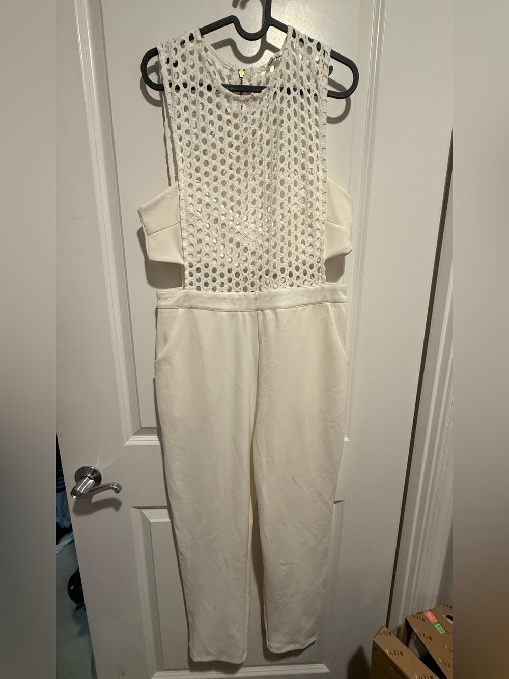 White Sleeveless Mesh-Panel Jumpsuit